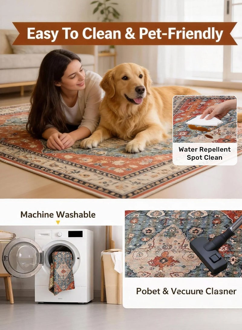 TELANPU 160*230cm Machine Washable Area Rugs with Non-Slip Backing, Ideal for Hallway, Living Room, Bedroom, Kitchen and Laundry Room, Vintage Moroccan and Low Pile Rug，160*230cm，Machine Washable Area Rugs with Non-Slip Backing, Ideal for Hallway, Living Room, Bedroom,Living Bedroom Office Dining Room, Bohemian Area Rugs and Low Pile Rug - Image 5
